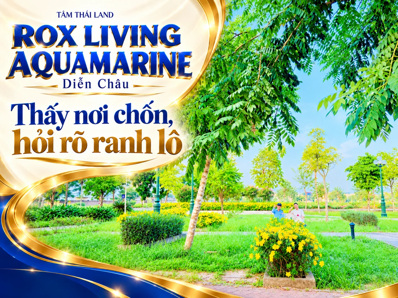 Thiết kế từ tư liệu công viên Aquamarine có hai người bên hoa vàng, gợi hỏi hồ sơ ranh đúng lô.