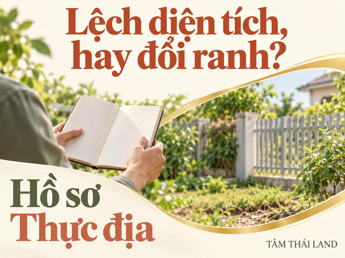 Minh họa người cầm sổ trống bên hàng rào vườn, nhắc đối chiếu hồ sơ và hiện trạng.