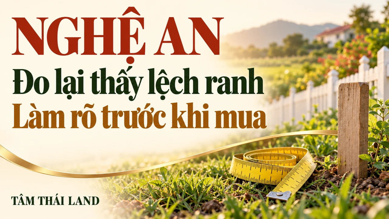 Minh họa thước dây cạnh cọc gỗ và hàng rào, gợi câu hỏi đo lại đất lệch ranh tại Nghệ An.