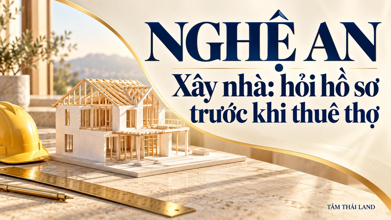 Minh họa mô hình nhà, mũ bảo hộ và thước trên bàn, nhắc hỏi hồ sơ xây nhà tại Nghệ An.