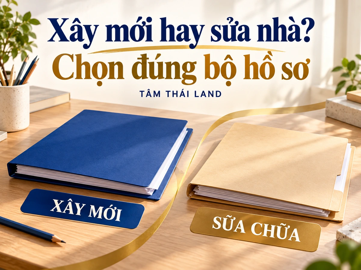 Hai tập giấy trống minh họa hai nhánh xây mới và sửa chữa cần kiểm hồ sơ riêng.