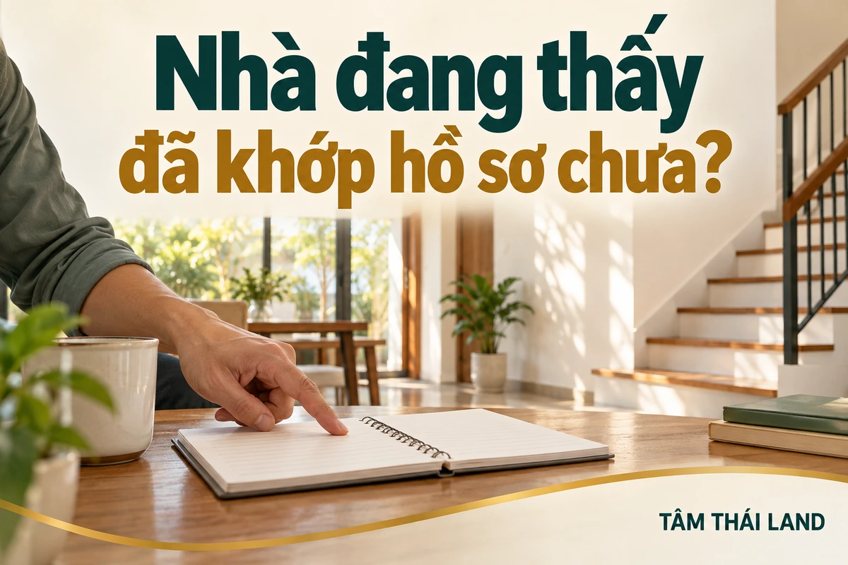Tay chỉ sổ tay trống trong nhà, minh họa đối chiếu hiện trạng và hồ sơ.