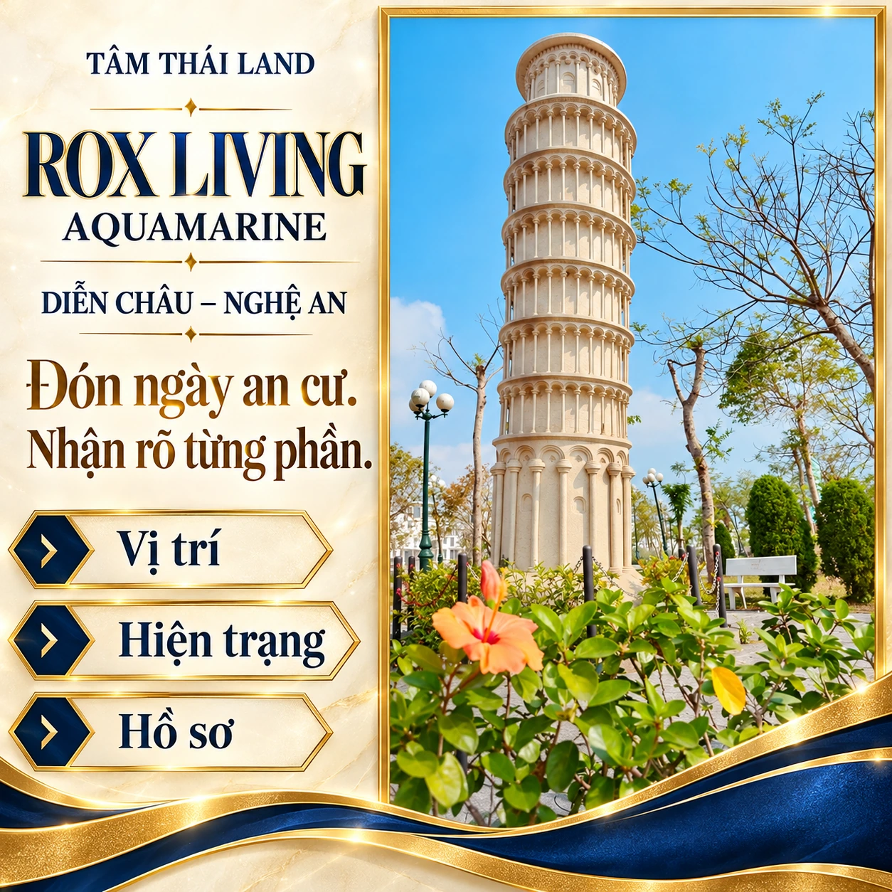 Tháp cảnh quan kiểu Pisa và vườn hoa trong ảnh tư liệu Aquamarine, cùng lời nhắc nhận rõ vị trí, hiện trạng và hồ sơ.