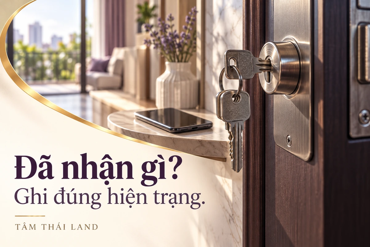 Chìa khóa trong ổ cửa và điện thoại màn hình trống nhắc ghi lại đồ vật, tình trạng được bàn giao.