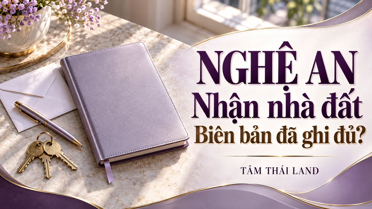 Sổ tay, chìa khóa và phong bì trống minh họa buổi nhận bàn giao nhà đất Nghệ An.
