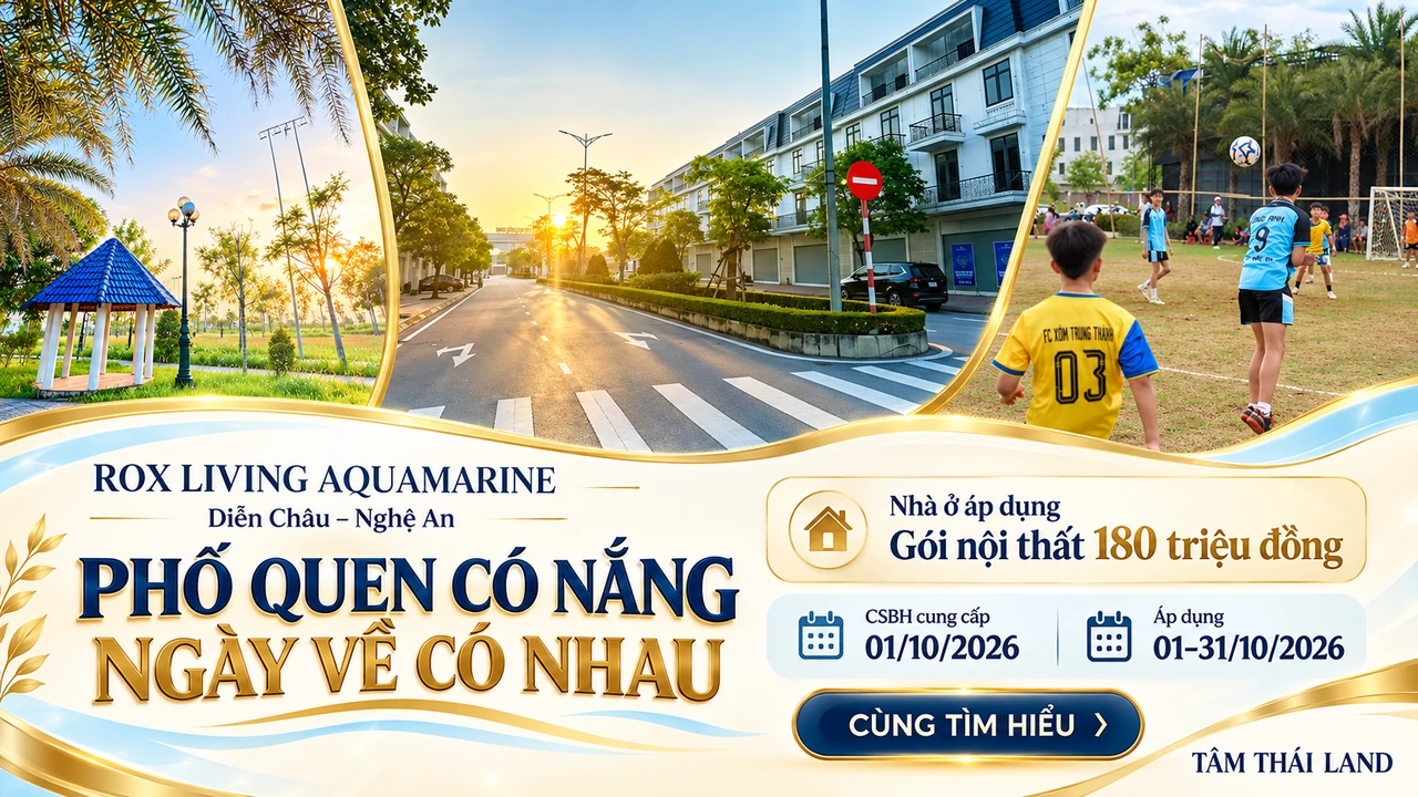 Phố nội khu, cây xanh và hoạt động bóng đá trong tư liệu ROX Living Aquamarine Diễn Châu Nghệ An.