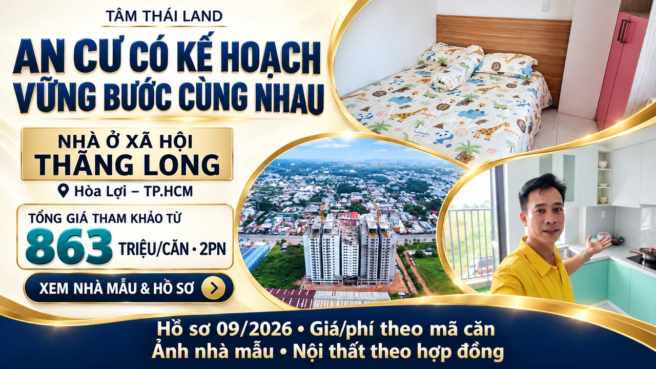 Nhà ở xã hội Thăng Long Hòa Lợi TP.HCM với căn mẫu và toàn cảnh công trình.