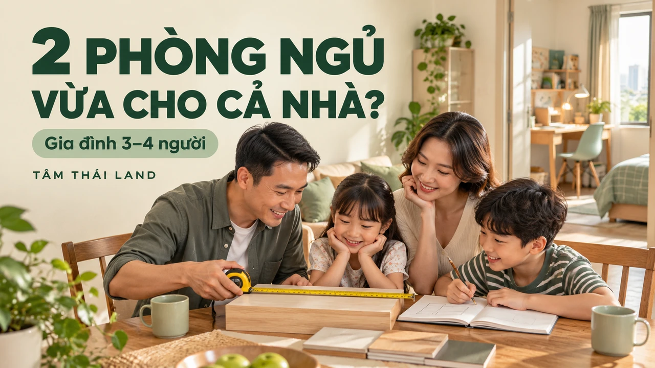 Gia đình bốn người cùng đo kích thước đồ dùng trong không gian căn hộ minh họa