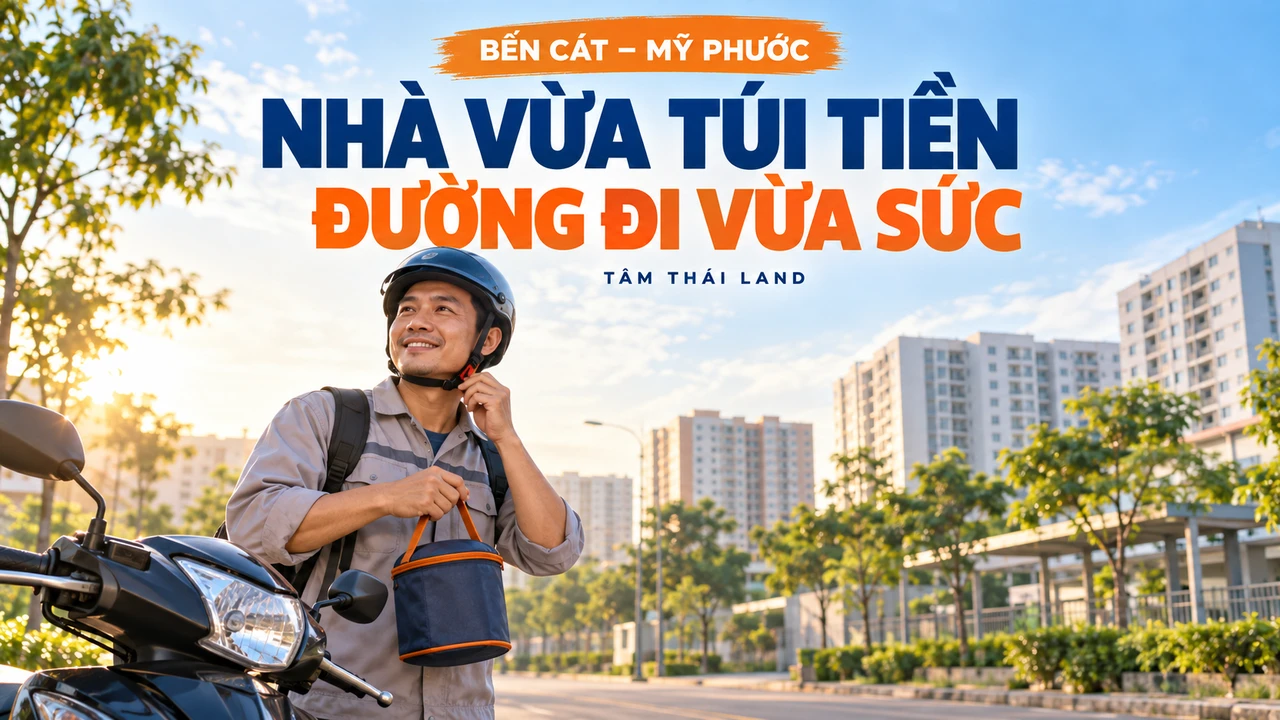 Người đi làm chỉnh quai mũ bảo hiểm cạnh xe máy, tay cầm túi cơm trong buổi sáng
