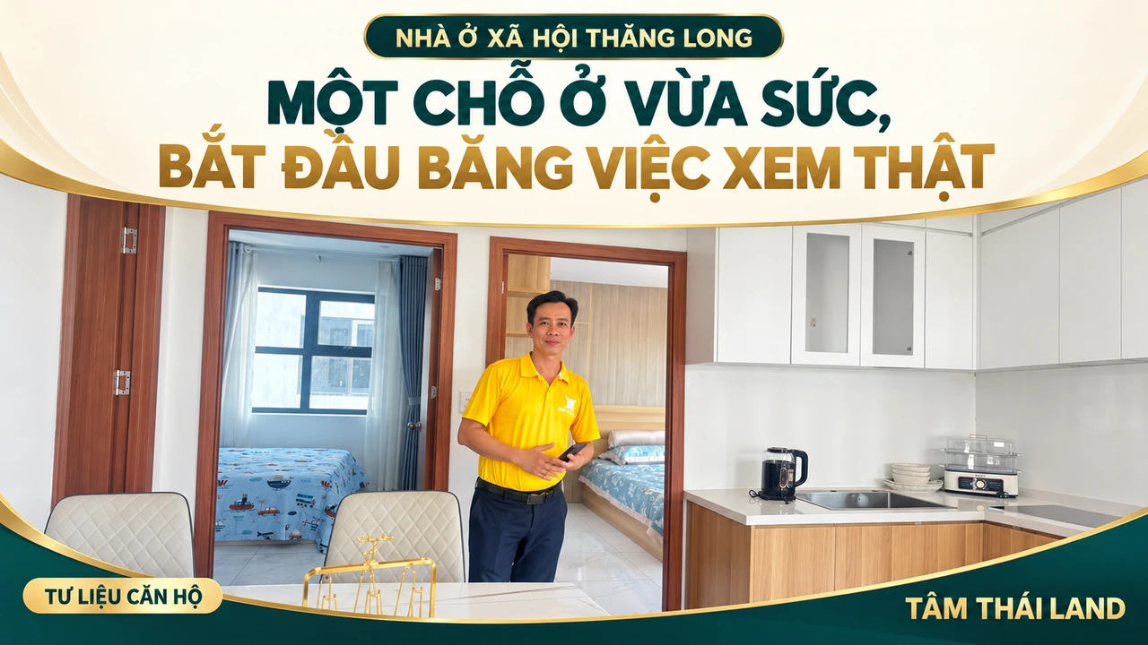 Tư liệu người xem căn hộ với hai cửa phòng ngủ và khu bếp, thiết kế thành banner Nhà ở xã hội Thăng Long.