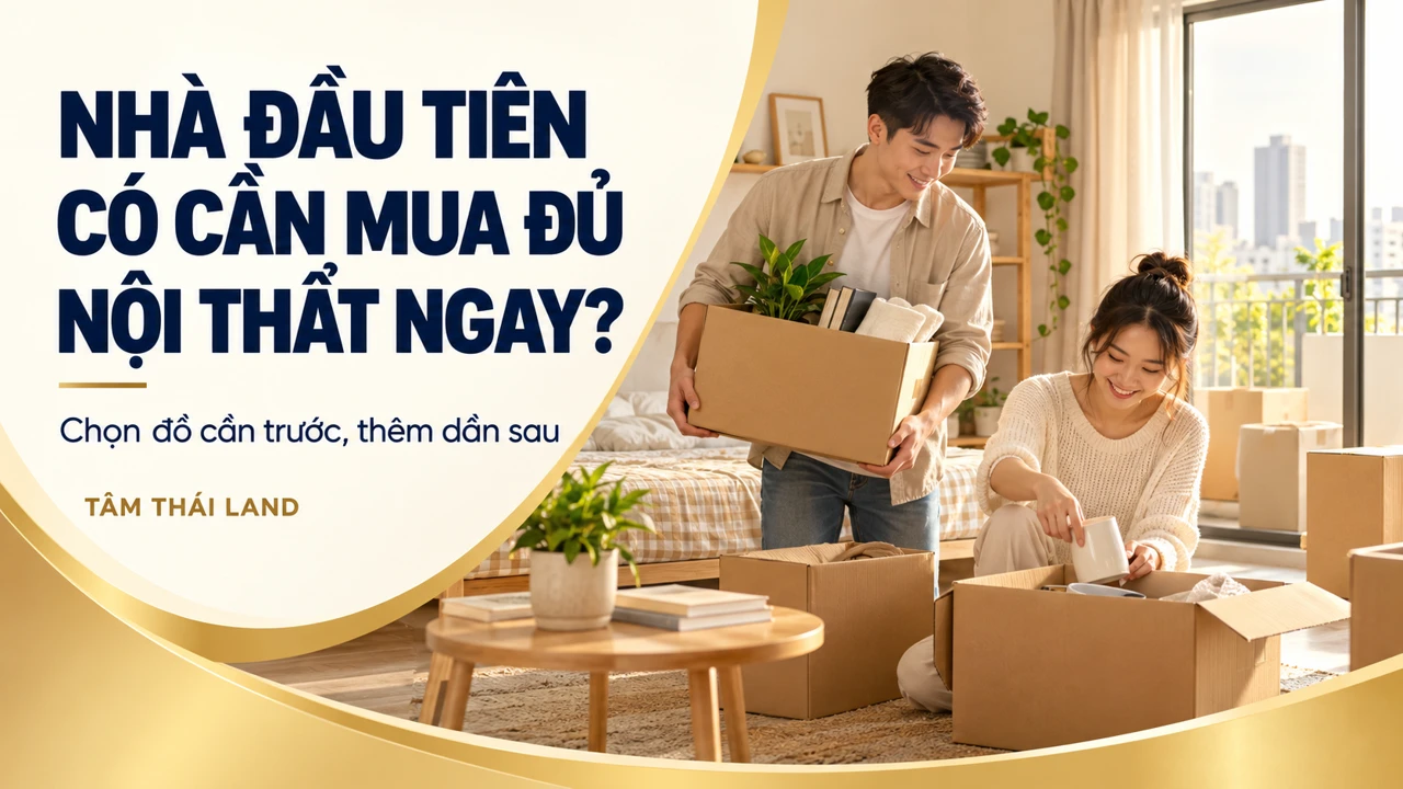 Minh họa vợ chồng sắp xếp đồ dùng khi chuyển vào căn hộ đầu tiên.