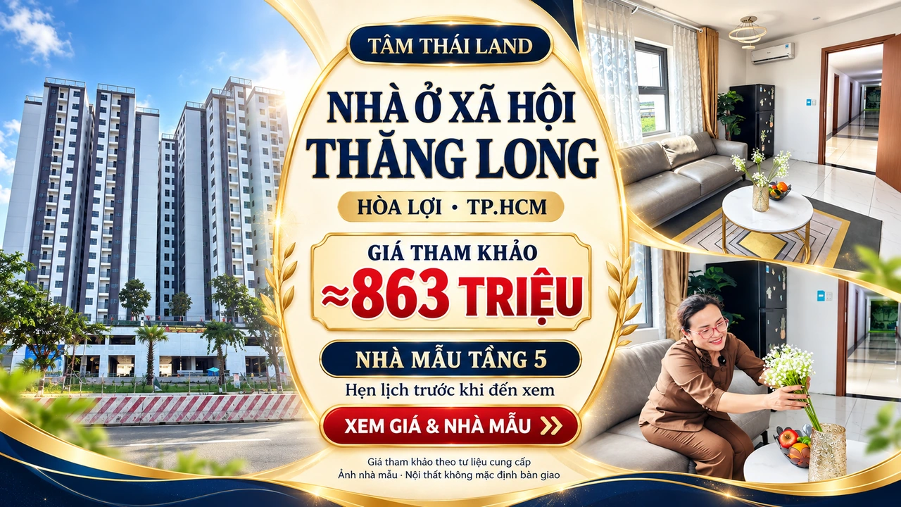 Thiết kế Thăng Long Hòa Lợi TP.HCM với tòa nhà, phòng khách căn mẫu và người phụ nữ chăm bình hoa, giá tham khảo khoảng863triệu.