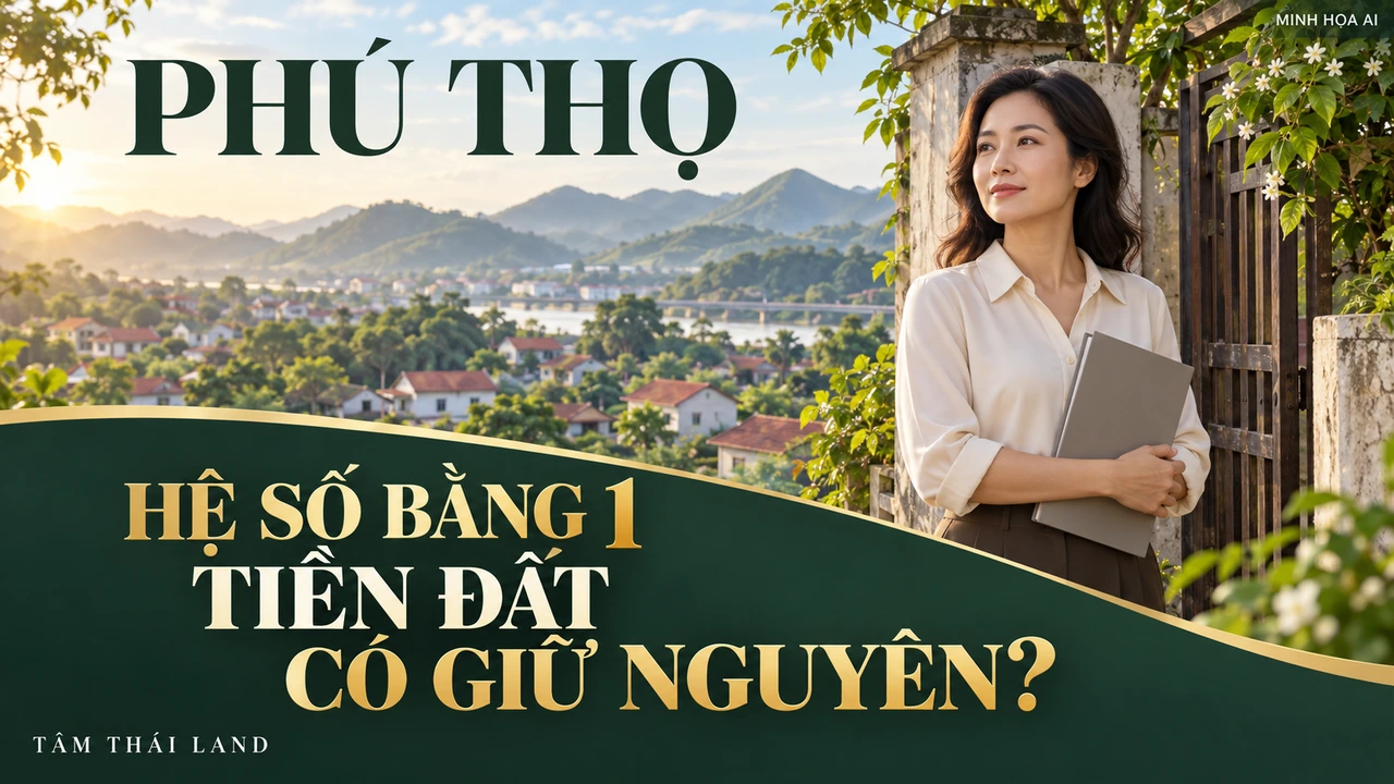 Minh họa AI người phụ nữ cầm bìa hồ sơ tại khung cảnh nhà ở với câu hỏi hệ số K Phú Thọ 2026 bằng 1 tiền đất có giữ nguyên.