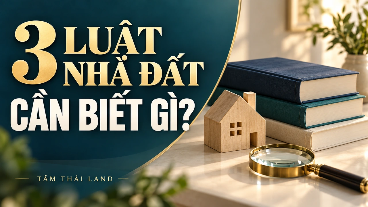Minh họa AI ba quyển sách không có nội dung pháp luật, mô hình nhà và kính lúp; câu hỏi ba luật nhà đất cần biết gì.
