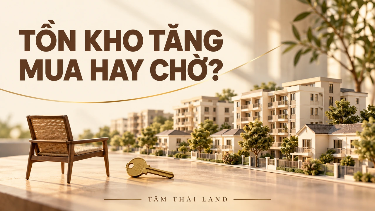 Minh họa AI các mô hình nhà, ghế và chìa khóa với câu hỏi tồn kho tăng, mua hay chờ.
