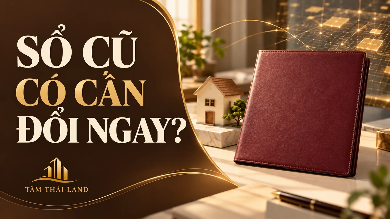 Bìa hồ sơ trống màu đỏ sẫm và nhà mô hình, minh họa câu hỏi về sổ cũ thiếu mã định danh.