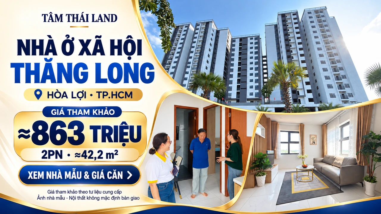 Thiết kế Thăng Long Hòa Lợi TP.HCM gồm mặt ngoài tòa nhà, khách xem căn mẫu và phòng khách; giá tham khảo khoảng 863 triệu, căn 2PN.