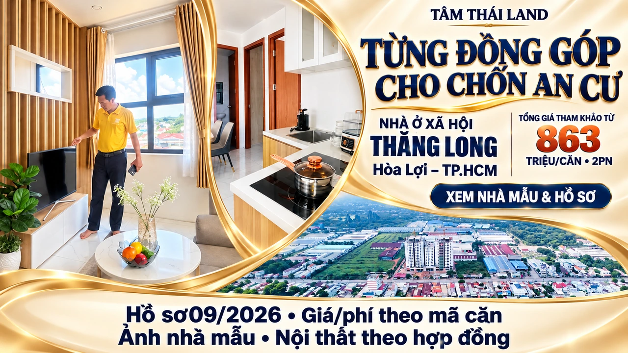 Thiết kế Thăng Long Hòa Lợi, TP.HCM với bàn trà, bếp căn mẫu và toàn cảnh công trình