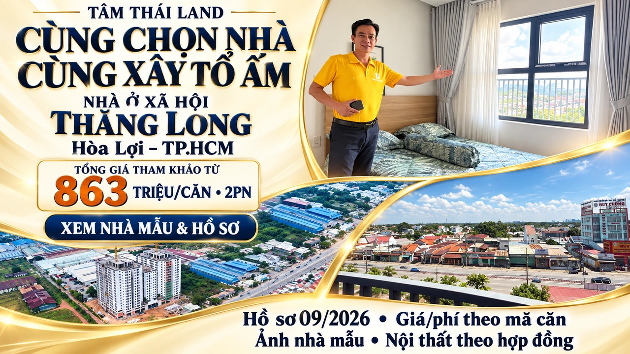 Thiết kế Thăng Long với phòng ngủ căn mẫu, góc nhìn qua cửa sổ và toàn cảnh tòa nhà tại Hòa Lợi, TP.HCM