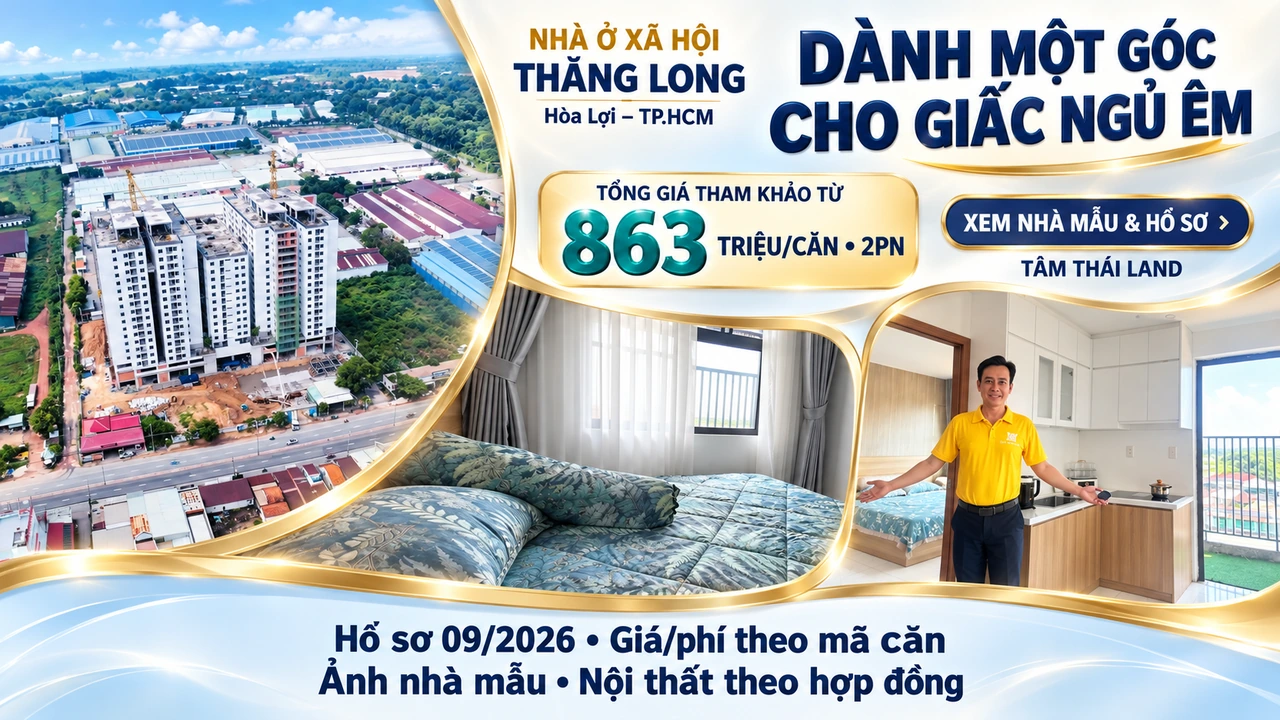 Bố cục ảnh căn mẫu và toàn cảnh Nhà ở xã hội Thăng Long tại Hòa Lợi, TP.HCM.