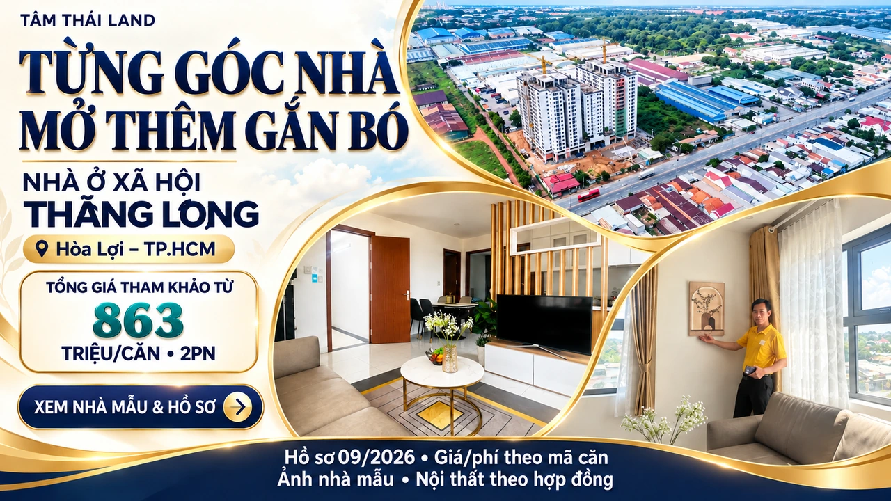 Bố cục ảnh căn mẫu và toàn cảnh Nhà ở xã hội Thăng Long tại Hòa Lợi, TP.HCM.