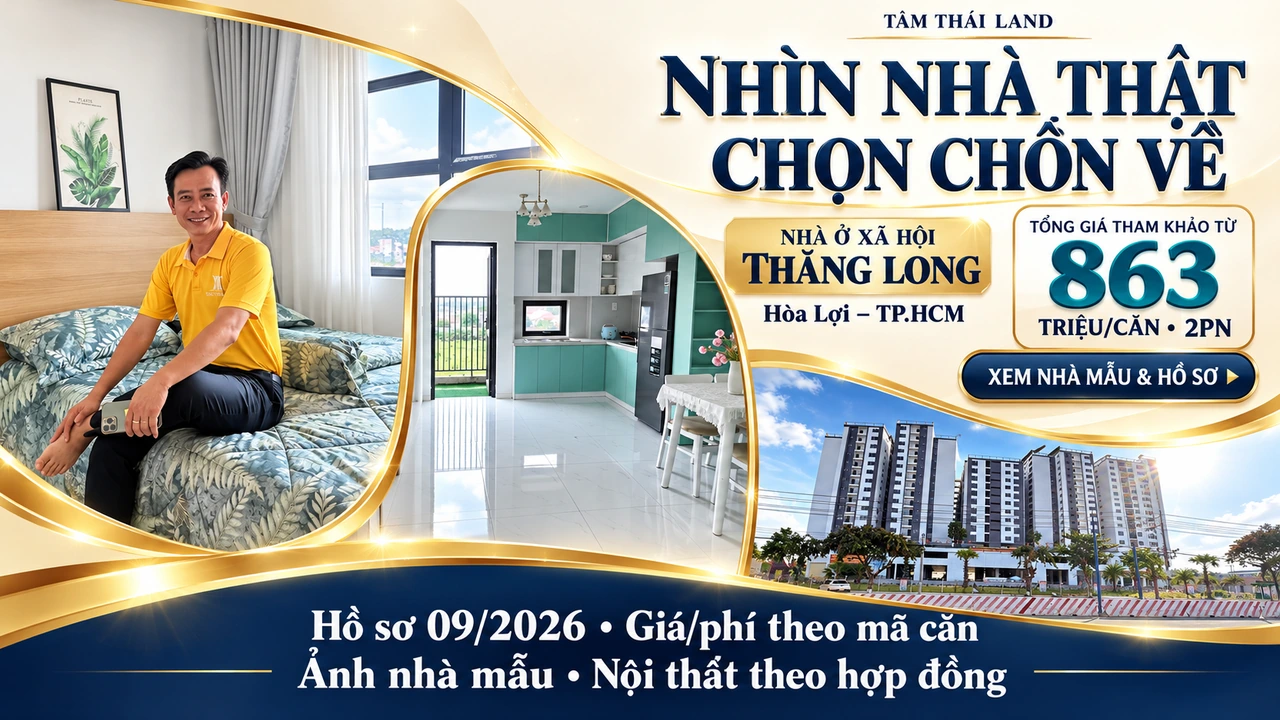 Bố cục ảnh căn mẫu và toàn cảnh Nhà ở xã hội Thăng Long tại Hòa Lợi, TP.HCM.