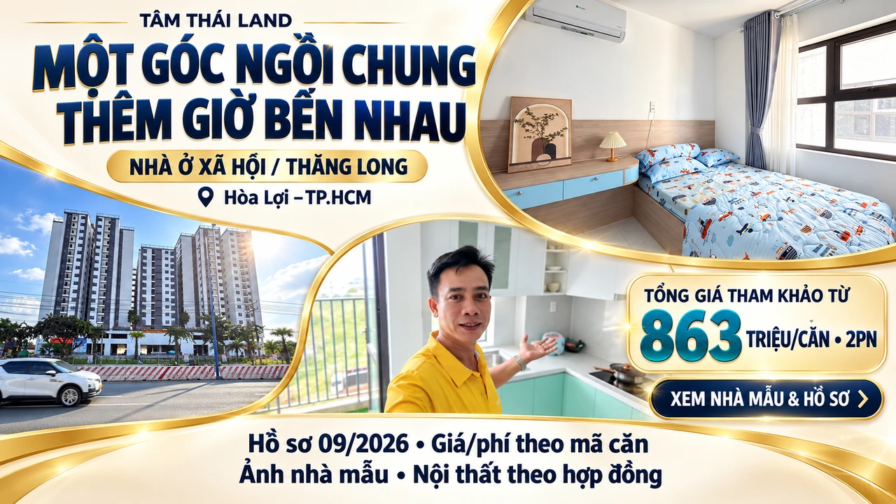 Bố cục ảnh căn mẫu và toàn cảnh Nhà ở xã hội Thăng Long tại Hòa Lợi, TP.HCM.