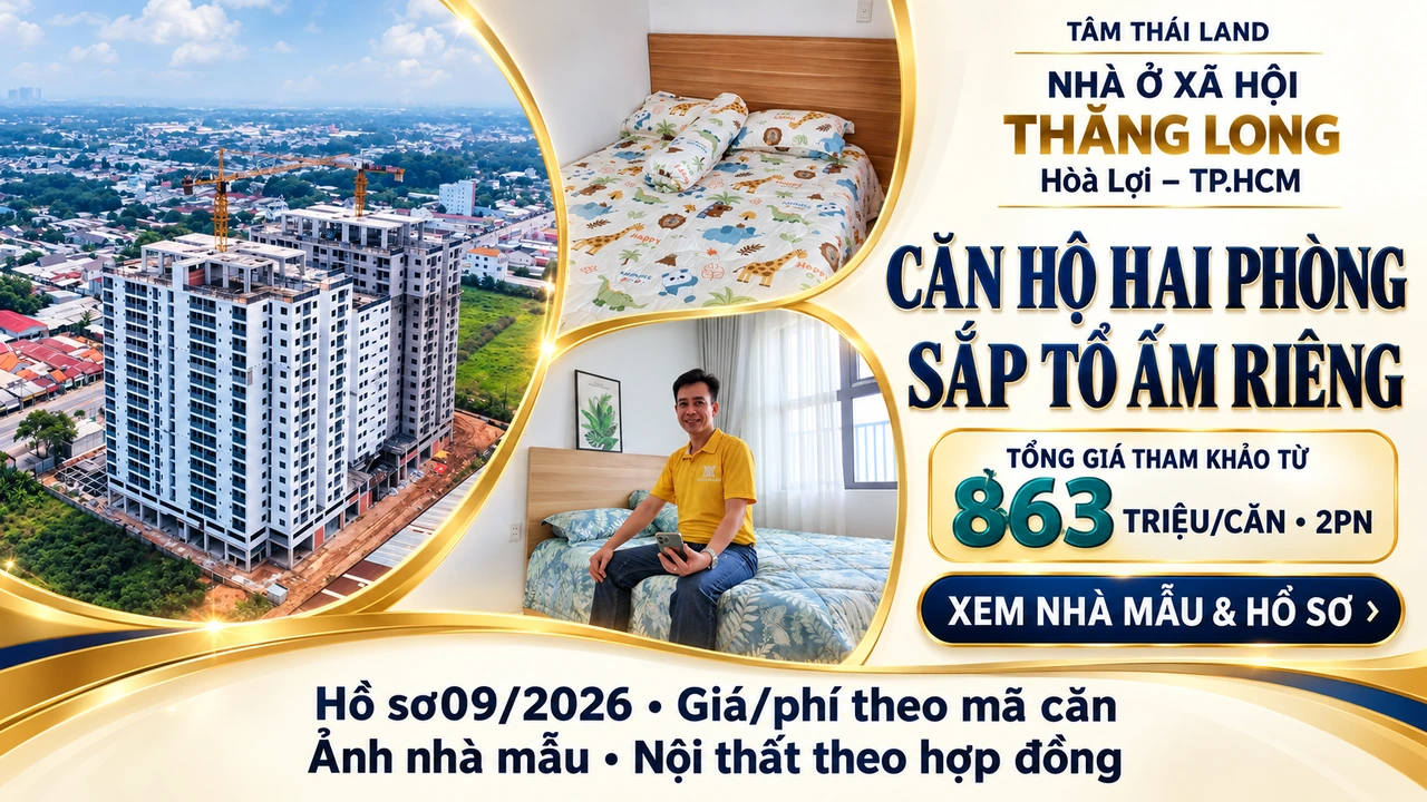 Bố cục ảnh căn mẫu và toàn cảnh Nhà ở xã hội Thăng Long tại Hòa Lợi, TP.HCM.