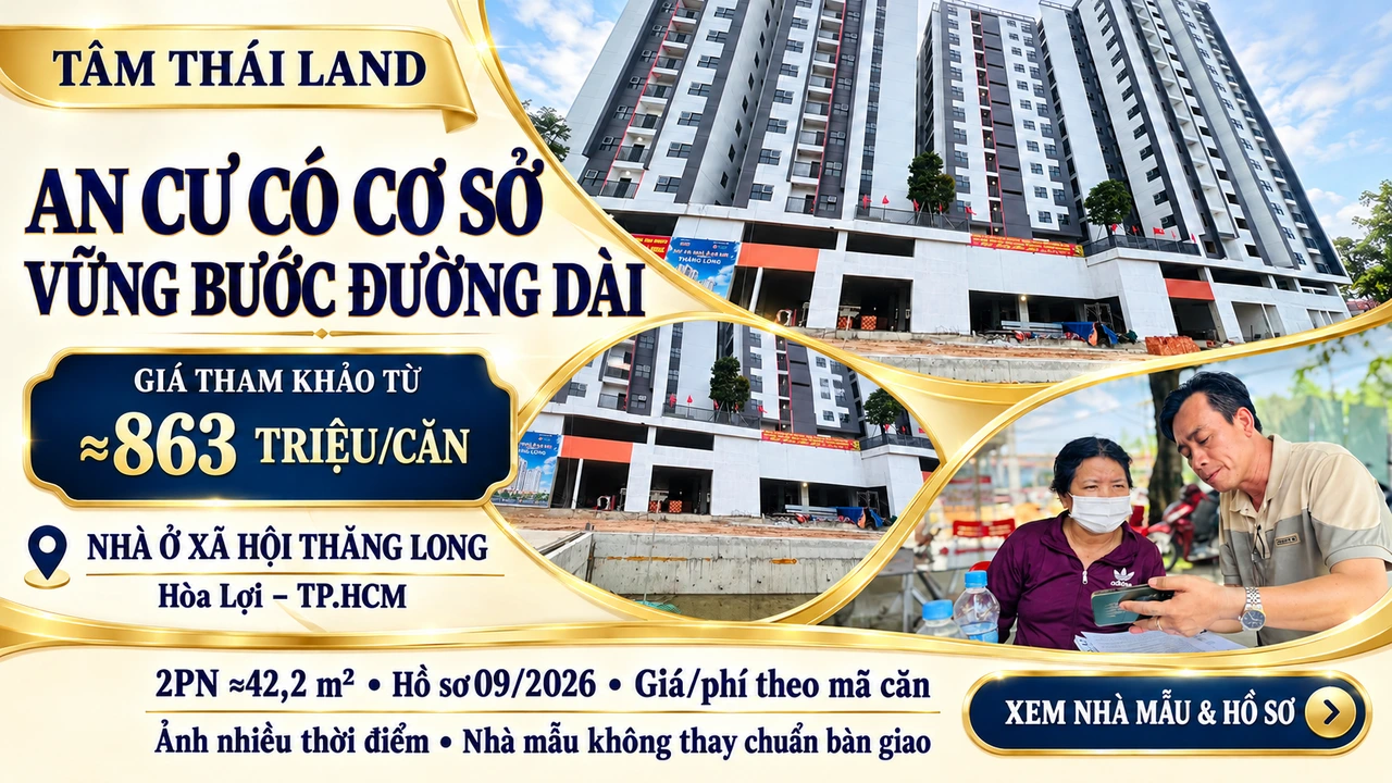 Toàn cảnh tòa nhà, tầng thấp đang thi công và hai người cùng xem điện thoại trong thiết kế Thăng Long Hòa Lợi TP.HCM.