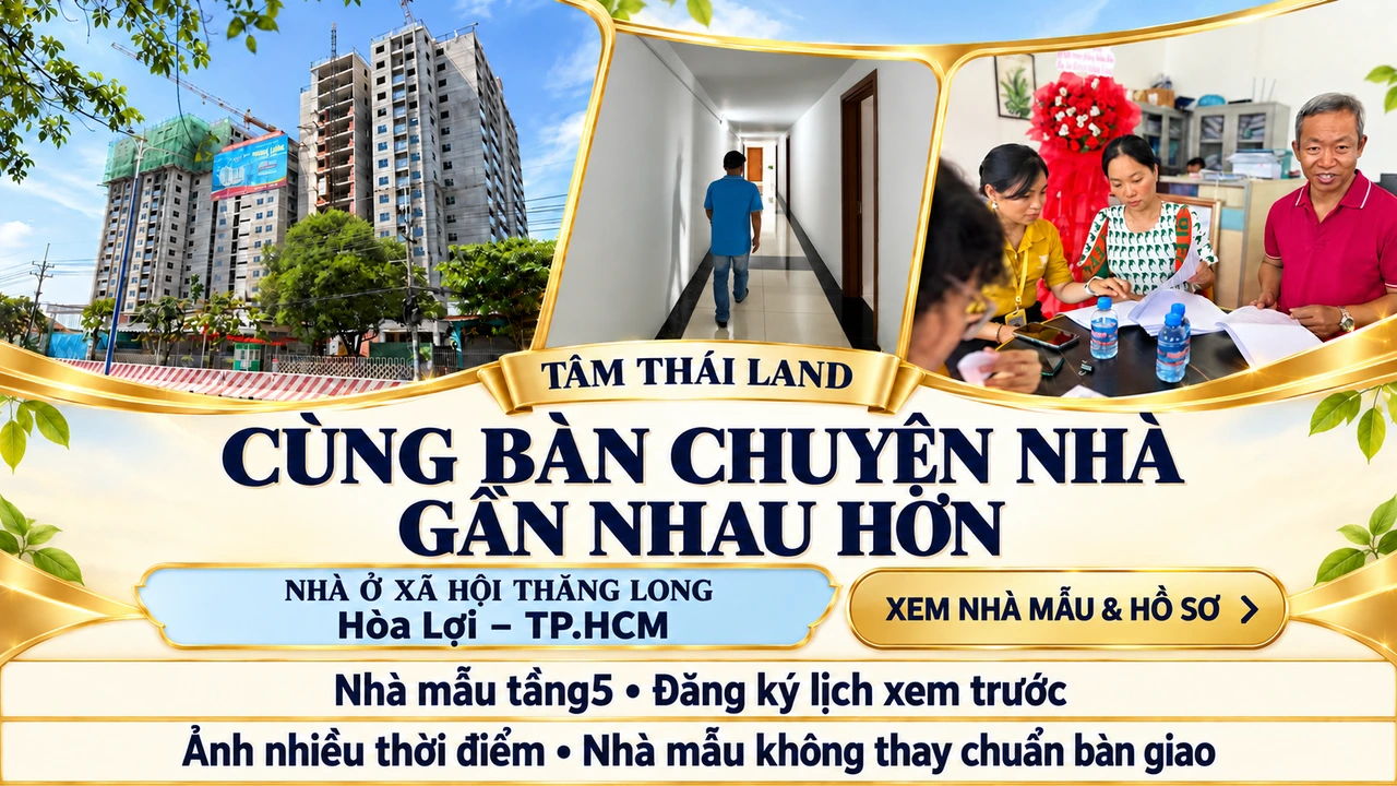 Tòa nhà đang xây, hành lang và nhóm người ngồi trao đổi giấy tờ trong thiết kế Thăng Long Hòa Lợi TP.HCM.