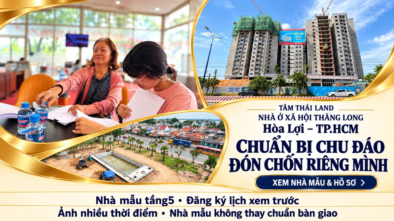 Hai người phụ nữ cùng xem giấy tờ, tòa nhà đang xây và góc nhìn trên cao trong thiết kế Thăng Long Hòa Lợi TP.HCM.