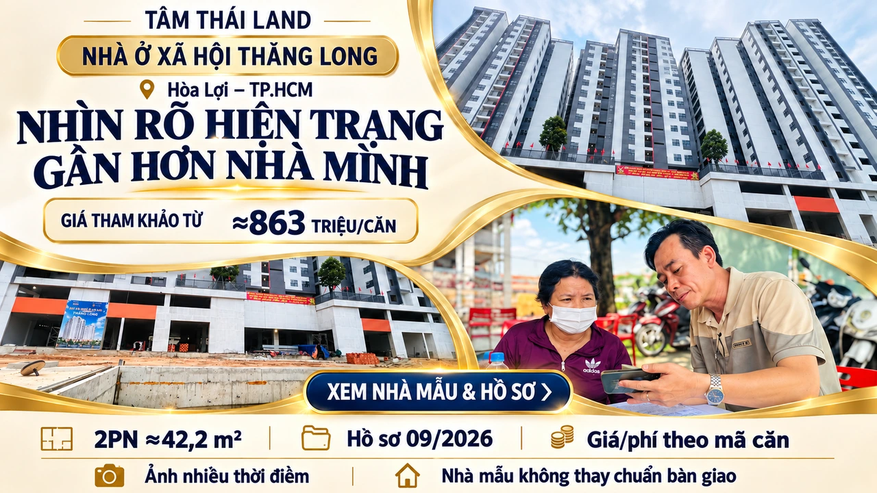 Toàn cảnh tòa nhà, khu vực tầng thấp và hai người cùng xem điện thoại trong thiết kế Thăng Long Hòa Lợi TP.HCM.