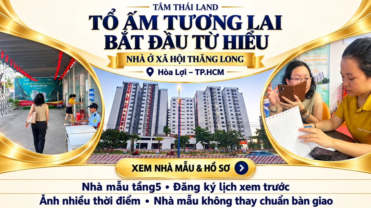 Cổng dự án, toàn cảnh tòa nhà và hai người trao đổi giấy tờ trong thiết kế Thăng Long Hòa Lợi TP.HCM.