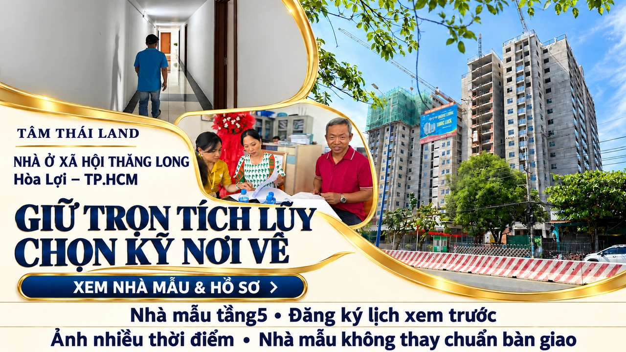 Tòa nhà đang xây, người đi trong hành lang và nhóm người cùng xem giấy tờ trong thiết kế Thăng Long Hòa Lợi TP.HCM.
