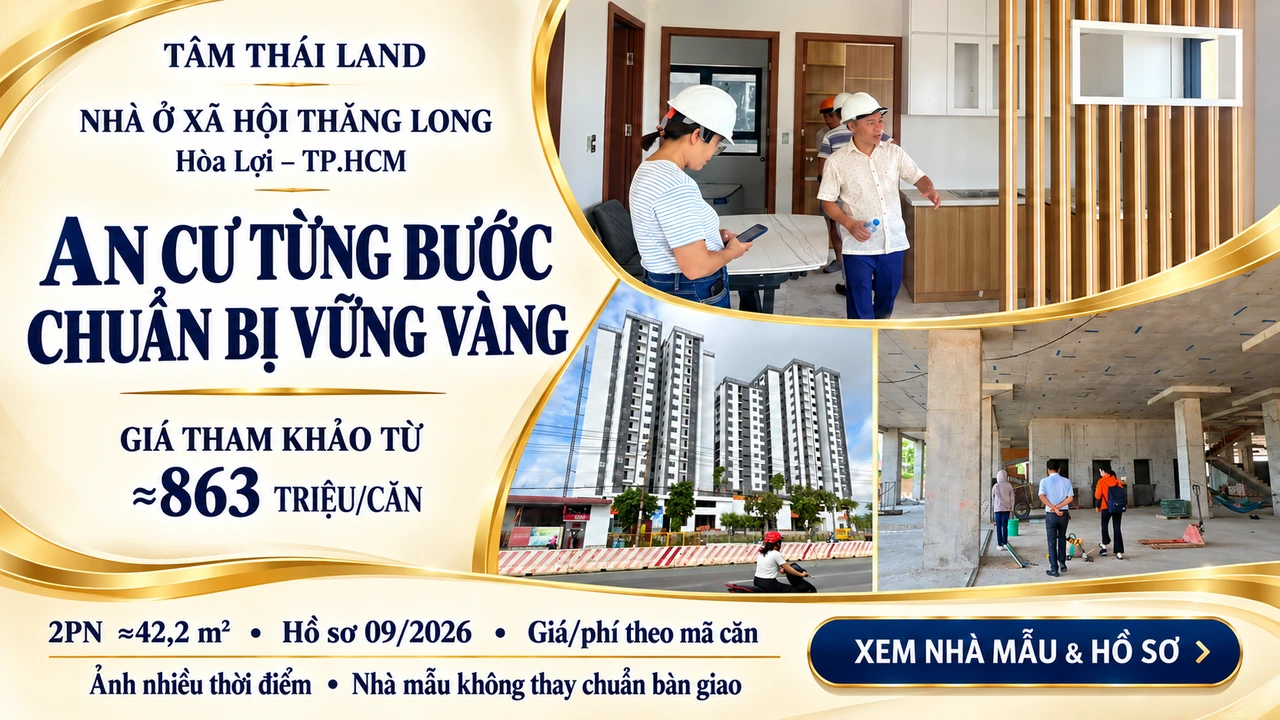 Người đội mũ bảo hộ trong bếp căn mẫu, toàn cảnh tòa nhà và tầng đang thi công trong thiết kế Thăng Long Hòa Lợi TP.HCM.