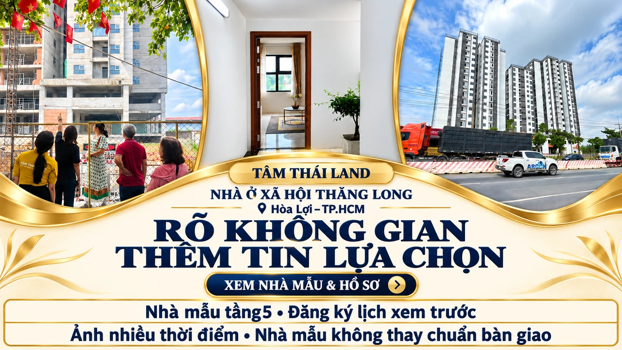Nhóm người quan sát công trình, khung cửa căn mẫu và toàn cảnh tòa nhà trong thiết kế Thăng Long Hòa Lợi TP.HCM.