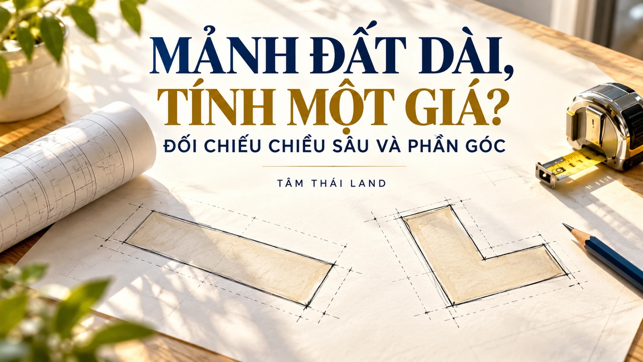 Minh họa thước đo và sơ đồ khái quát thửa đất dài, lô góc để gợi đối chiếu cách tính giá Nghệ An