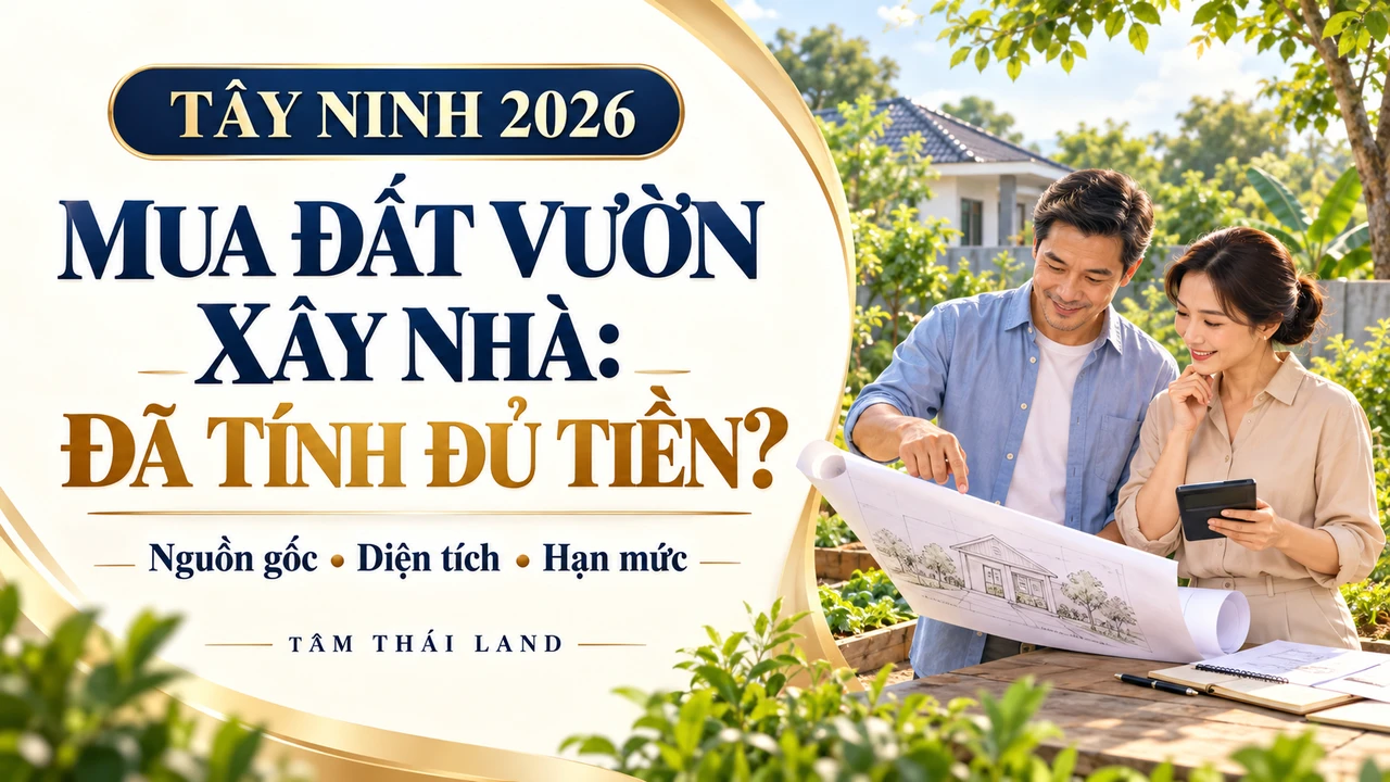 Ảnh minh họa vợ chồng xem bản phác thảo nhà bên vườn, với câu hỏi đã tính đủ tiền mua đất vườn xây nhà tại Tây Ninh chưa.