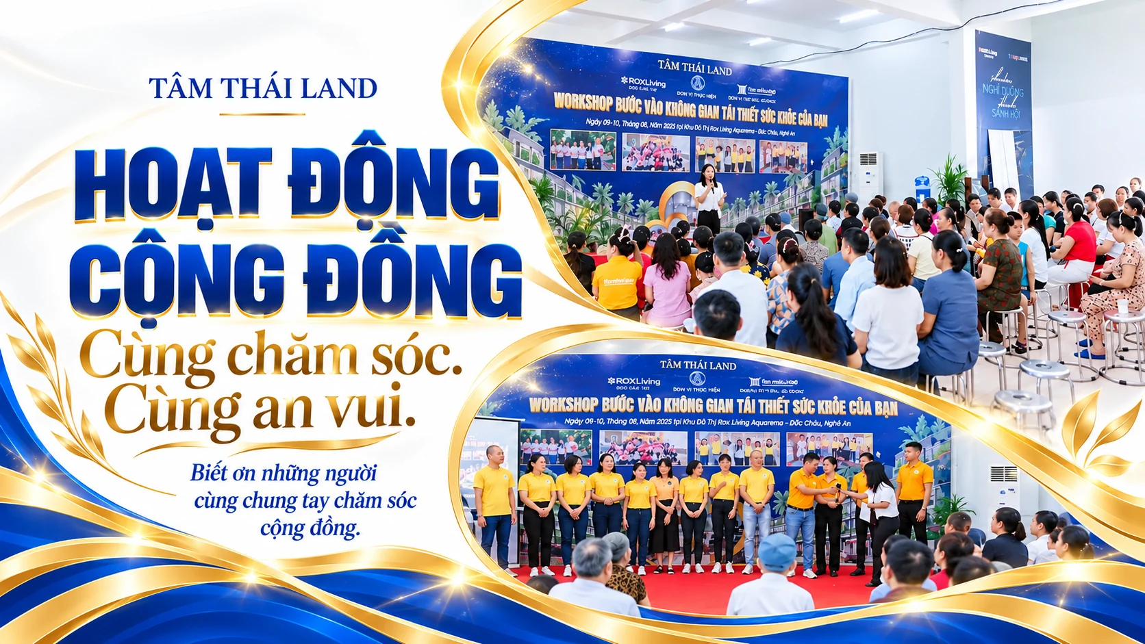 Workshop chăm sóc sức khỏe cộng đồng và đội ngũ đồng hành Tâm Thái Land trong bố cục banner ngang.