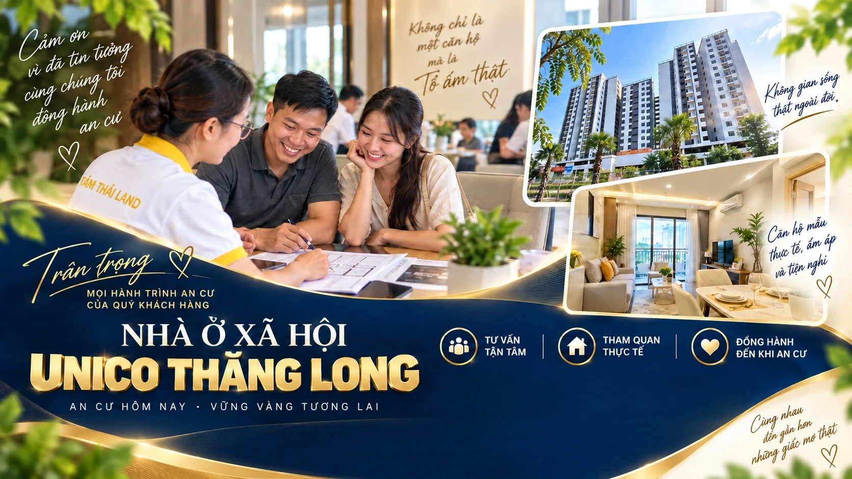 Nhà ở xã hội Unico Thăng Long với hình công trình, không gian căn hộ mẫu và khách hàng được tư vấn.