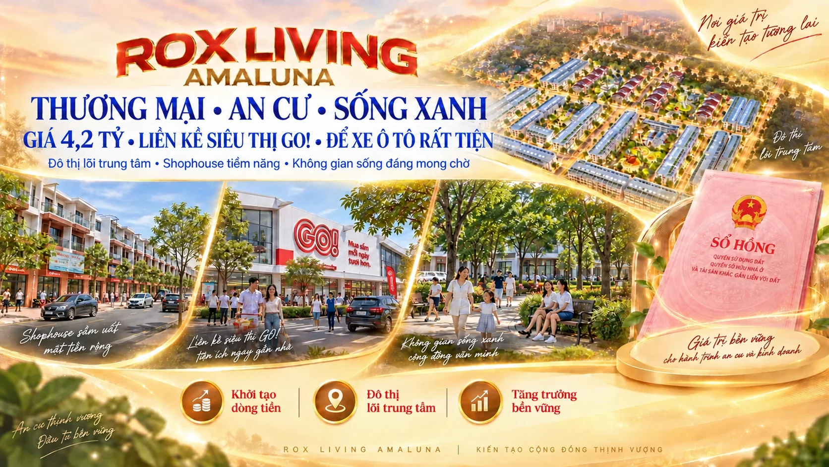 ROX Living Amaluna với tiêu đề màu xanh hoàng gia, hình nhà phố, khu vực thương mại, cảnh quan và hạ tầng trong poster dự án.