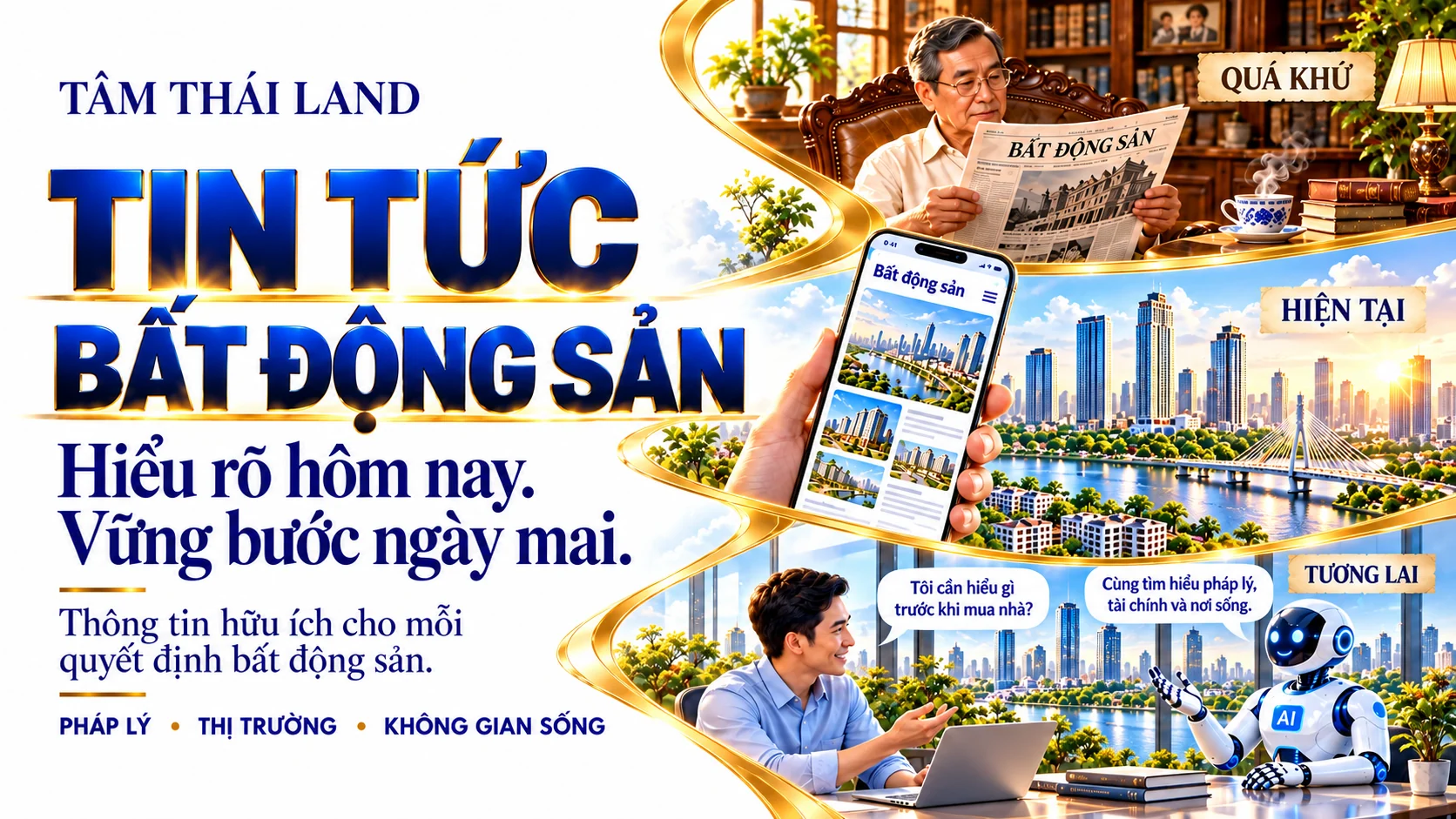 Banner tin tức bất động sản Tâm Thái Land với báo giấy, điện thoại và hình minh họa hỏi đáp cùng AI.