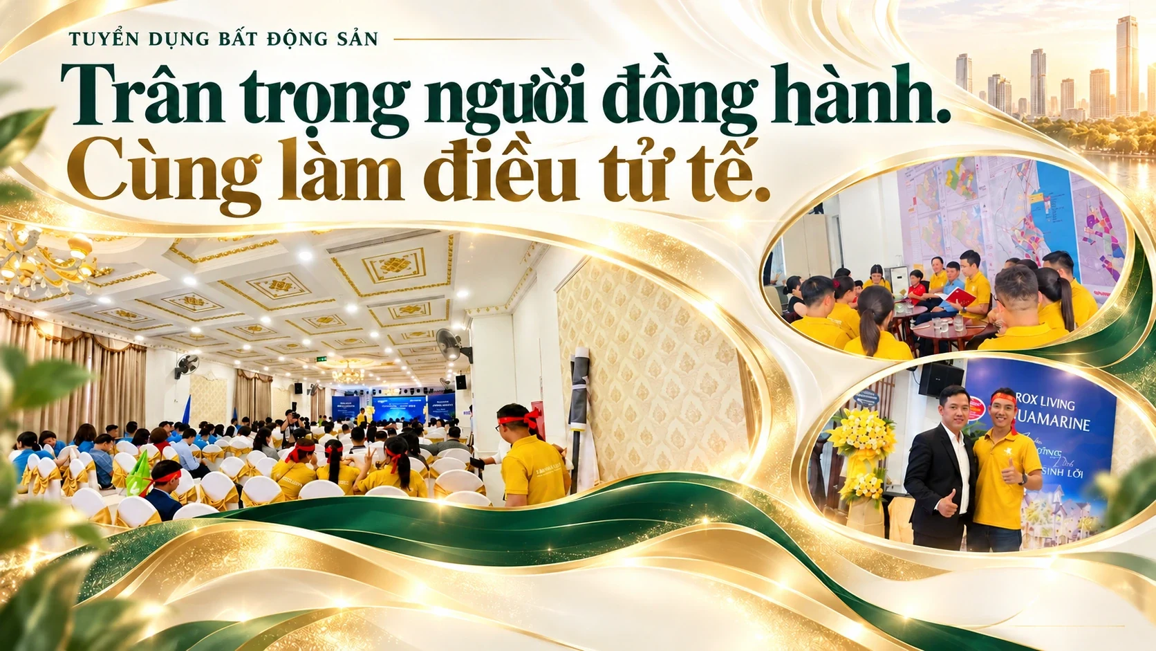 Không gian hội họp và những hoạt động đồng hành của đội ngũ Tâm Thái Land trong poster tuyển dụng.