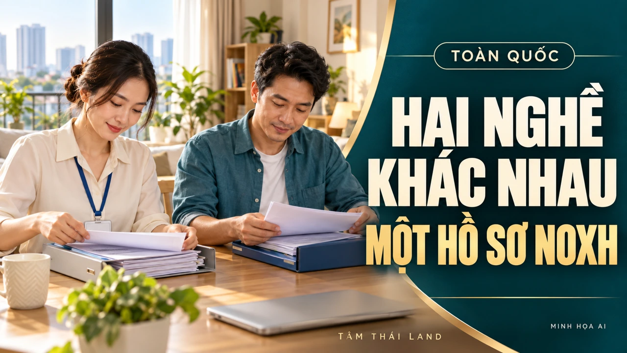 Minh họa AI vợ chồng có công việc khác nhau cùng chuẩn bị hồ sơ nhà ở xã hội