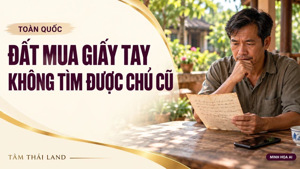 Minh họa AI người mua đất xem lại giấy viết tay khi không tìm được chủ cũ