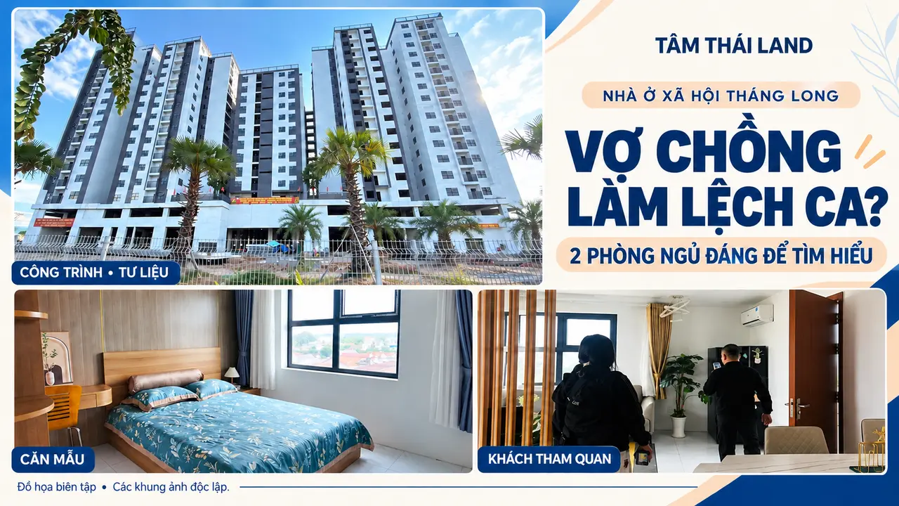 Đồ họa công trình Thăng Long, phòng ngủ căn mẫu và hai khách tham quan từ phía sau