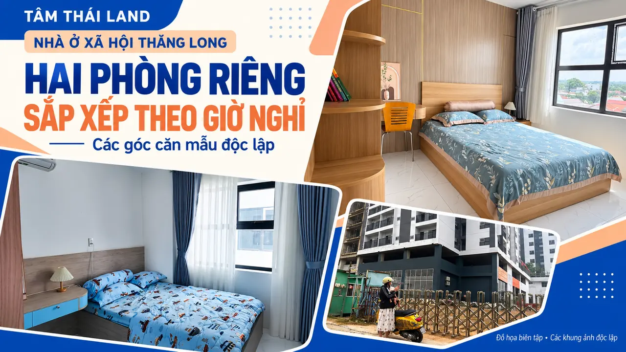 Hai góc phòng ngủ căn mẫu và khách tham quan ngoài công trình Nhà ở xã hội Thăng Long