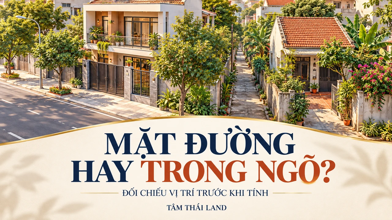 Minh họa hai ngôi nhà có lối tiếp cận từ đường và ngõ để gợi đối chiếu vị trí đất Nghệ An