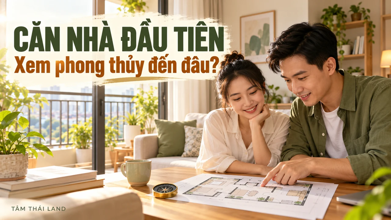 Vợ chồng trẻ cùng xem mặt bằng căn hộ sáng và trao đổi về phong thủy