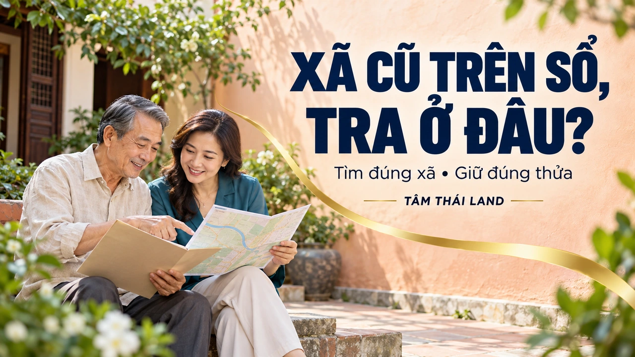 Minh họa cha và con cùng tìm địa bàn khi giấy chứng nhận ghi tên xã cũ
